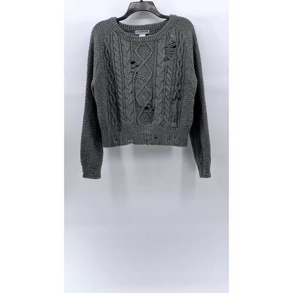Cotton Emporium Sweaters - COTTON EMPORIUM Women's Gray Cable Knit Crewneck Distressed Pullover Sweater SZM